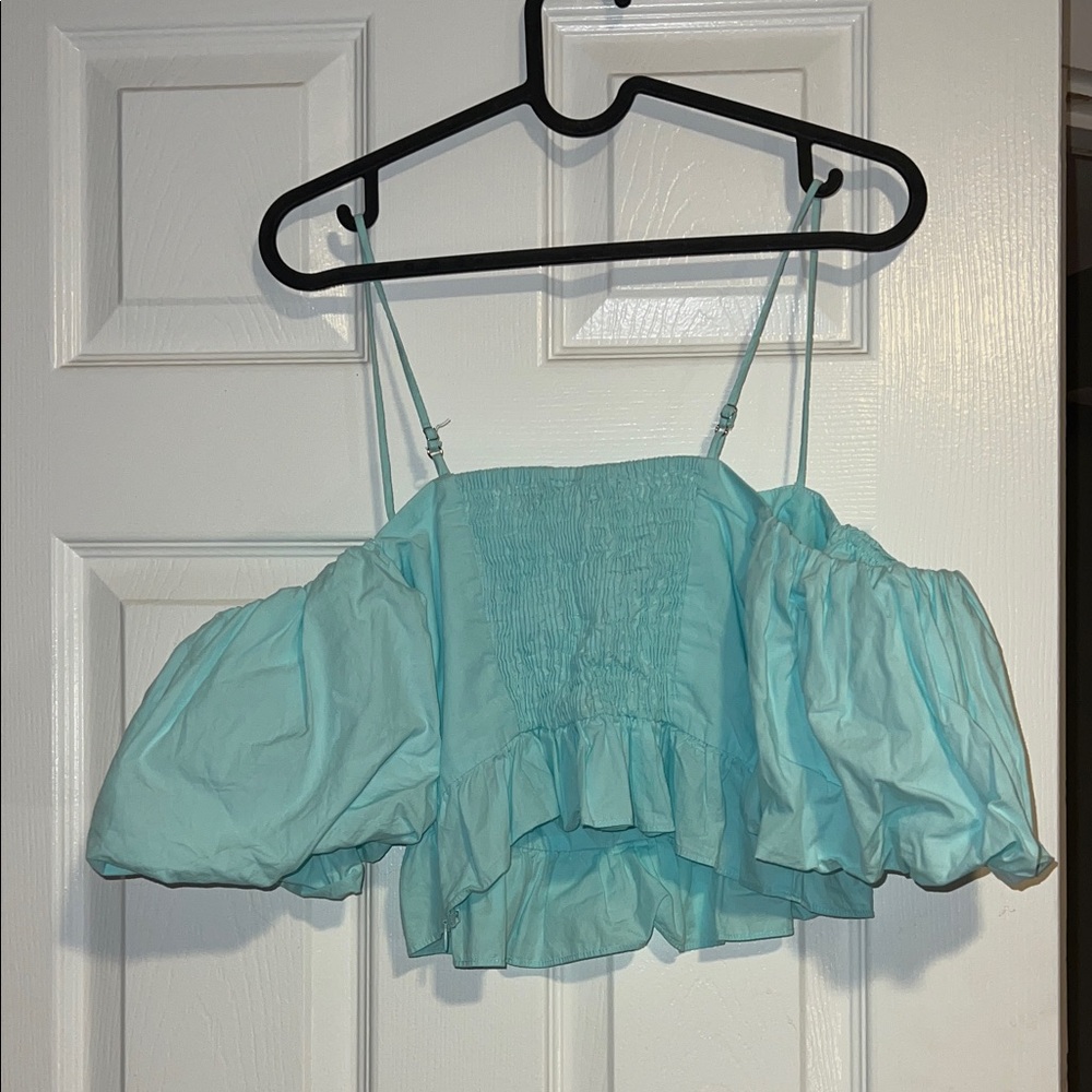 Light Blue Off-Shoulder Ruffle Crop Top - Picture 4 of 4